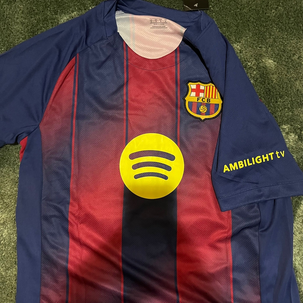 Men's Navy and Red Football Jersey with Yellow Sponsor Logo
